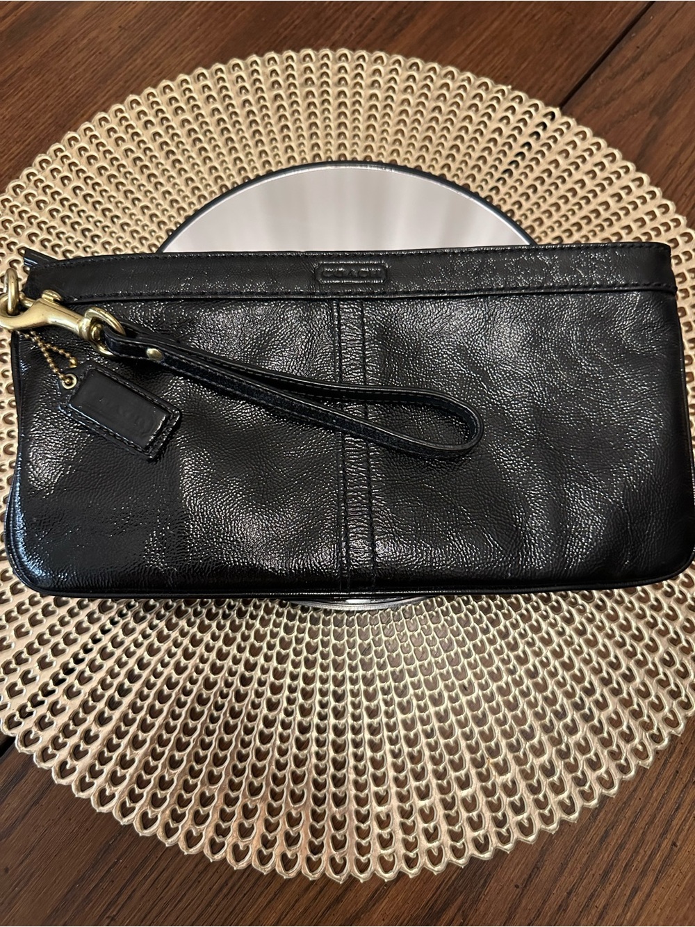 Coach Black Leather Wristlet Clutch with Gold Hardware